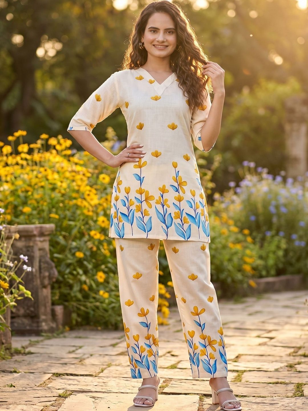 ZELZIS Floral Cotton Printed Top with Trousers