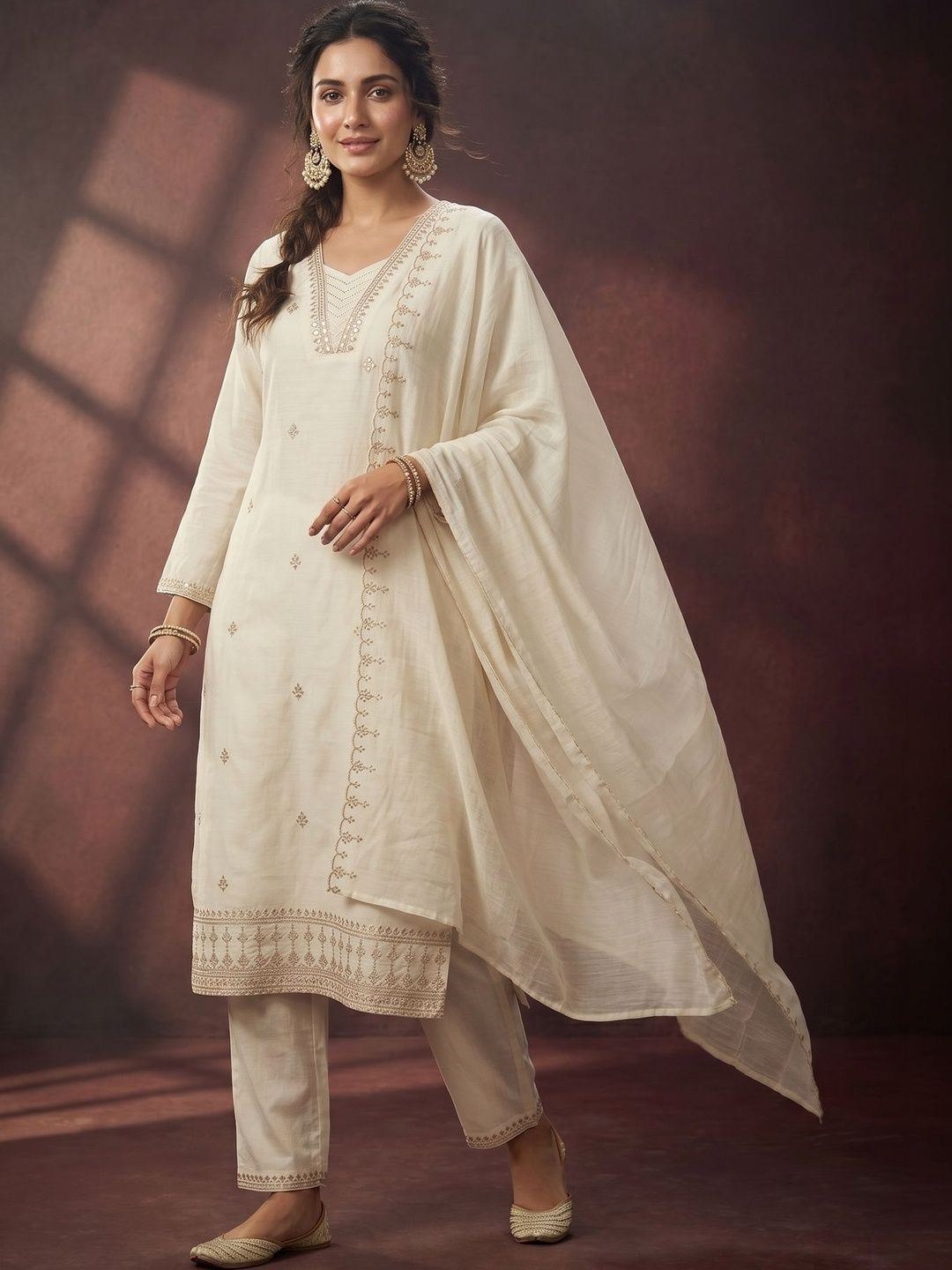 Women Kurta Sets Koskii Women Ethnic Motifs Embroidered Regular Chanderi Cotton Kurta with Trousers & With Dupatta