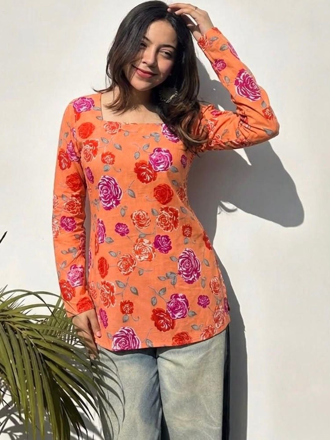 HERE&NOW X fwd Floral Printed Square Neck Kurti