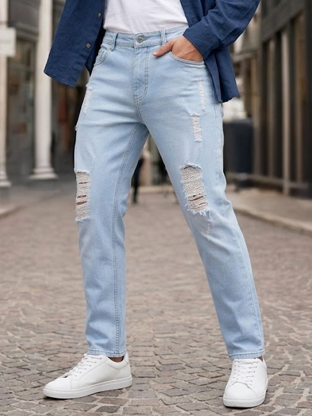 Urbano Fashion Men Blue Slim Fit Highly Distressed Heavy Fade Stretchable Jeans