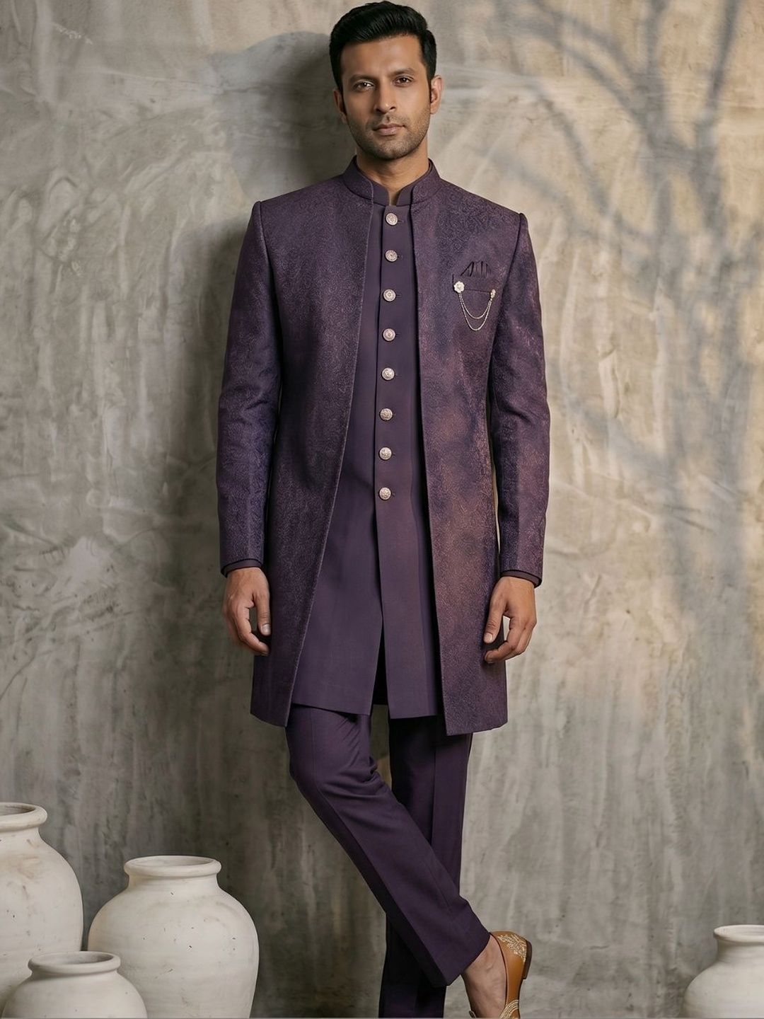 TRIANGLE Self Design Mandarin Collar Sherwani