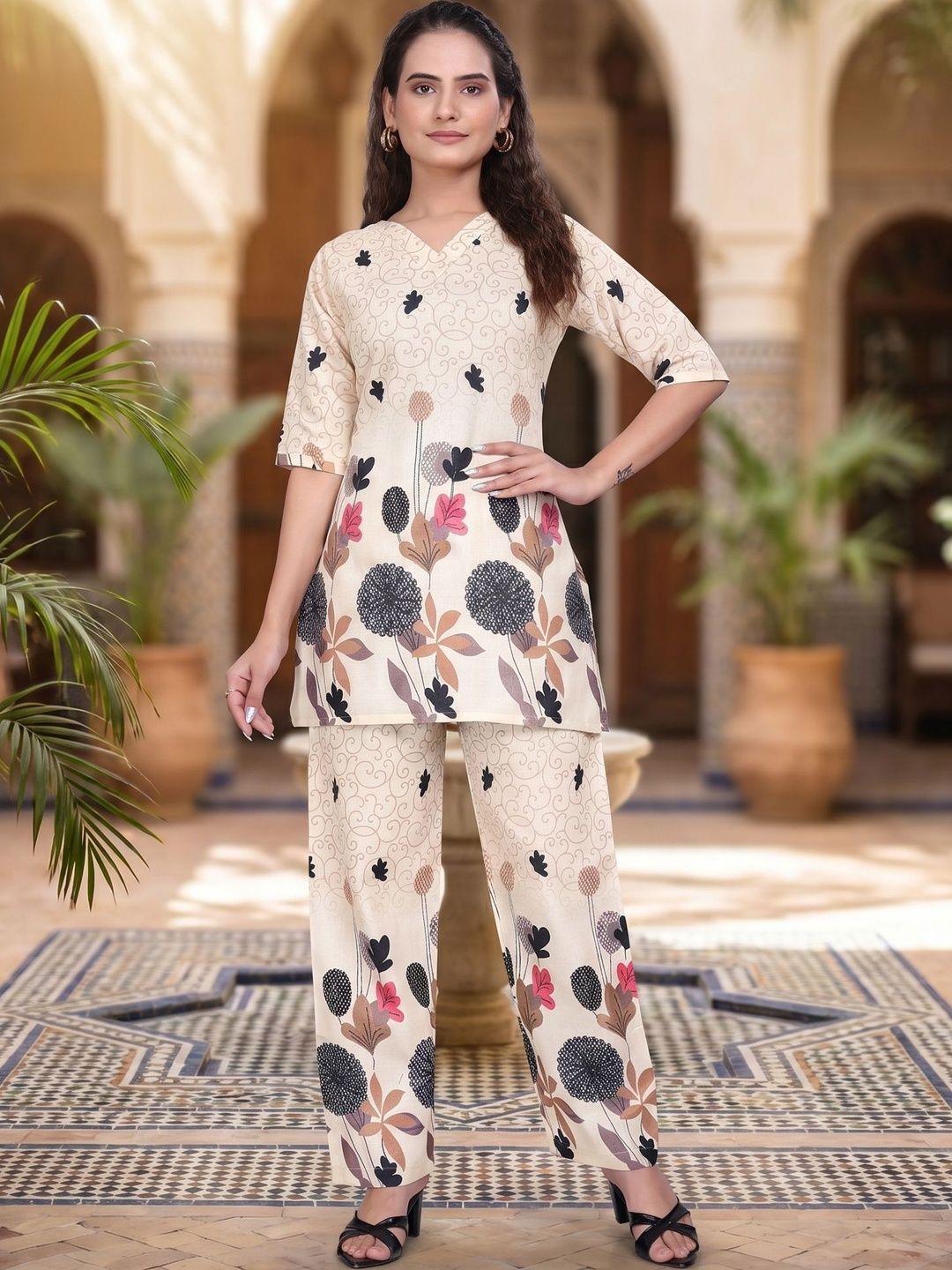 ZELZIS Floral Cotton Printed Top with Trousers