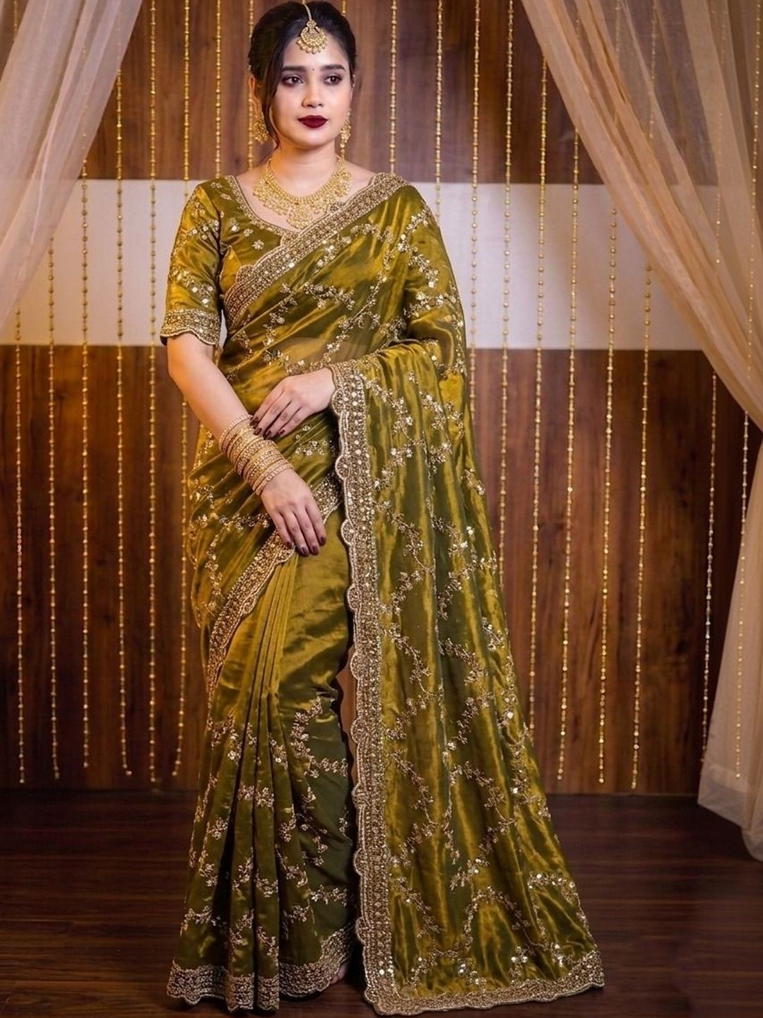 krisha fashion krisha fashion Floral Embroidered Satin Fusion Saree