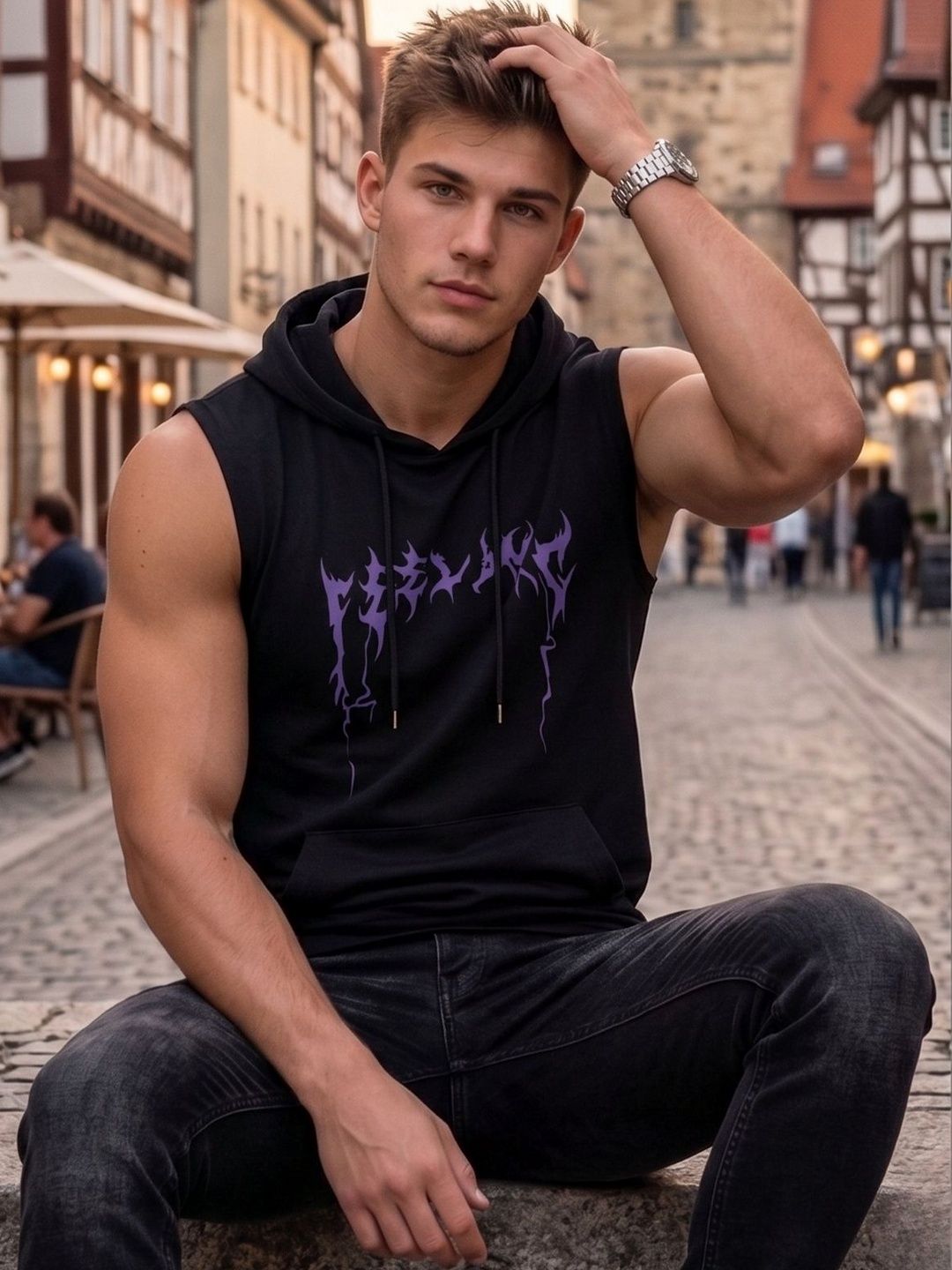 Looks United Printed Cotton Blend Gym Vest