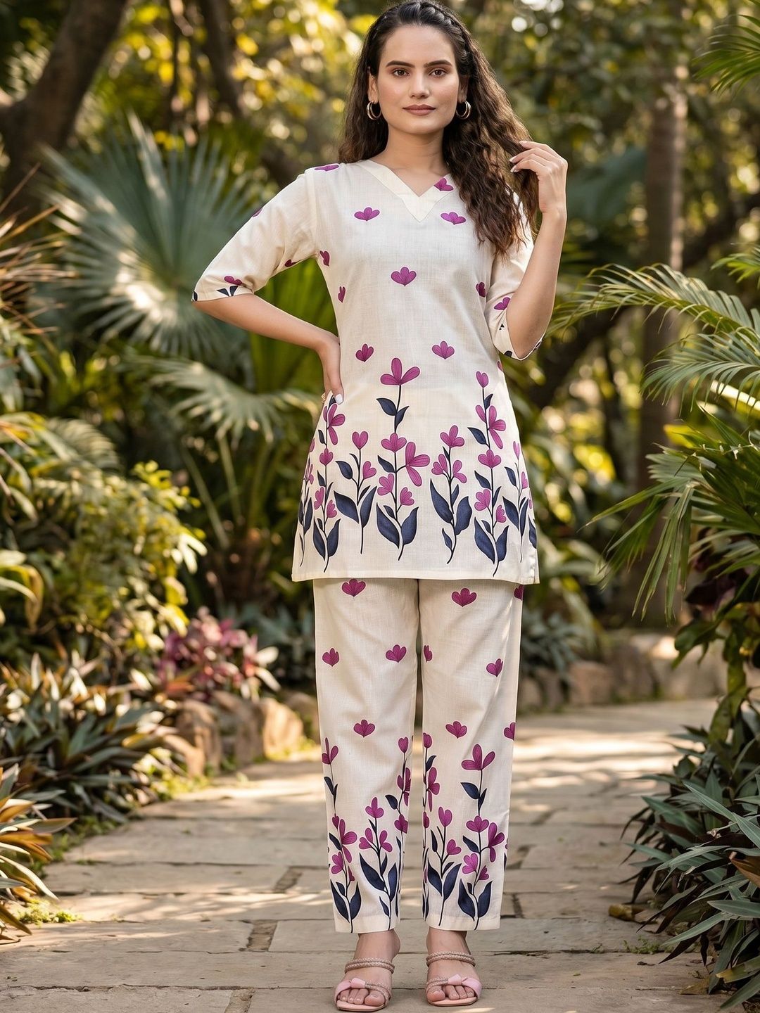 ZELZIS Floral Cotton Printed Top with Trousers