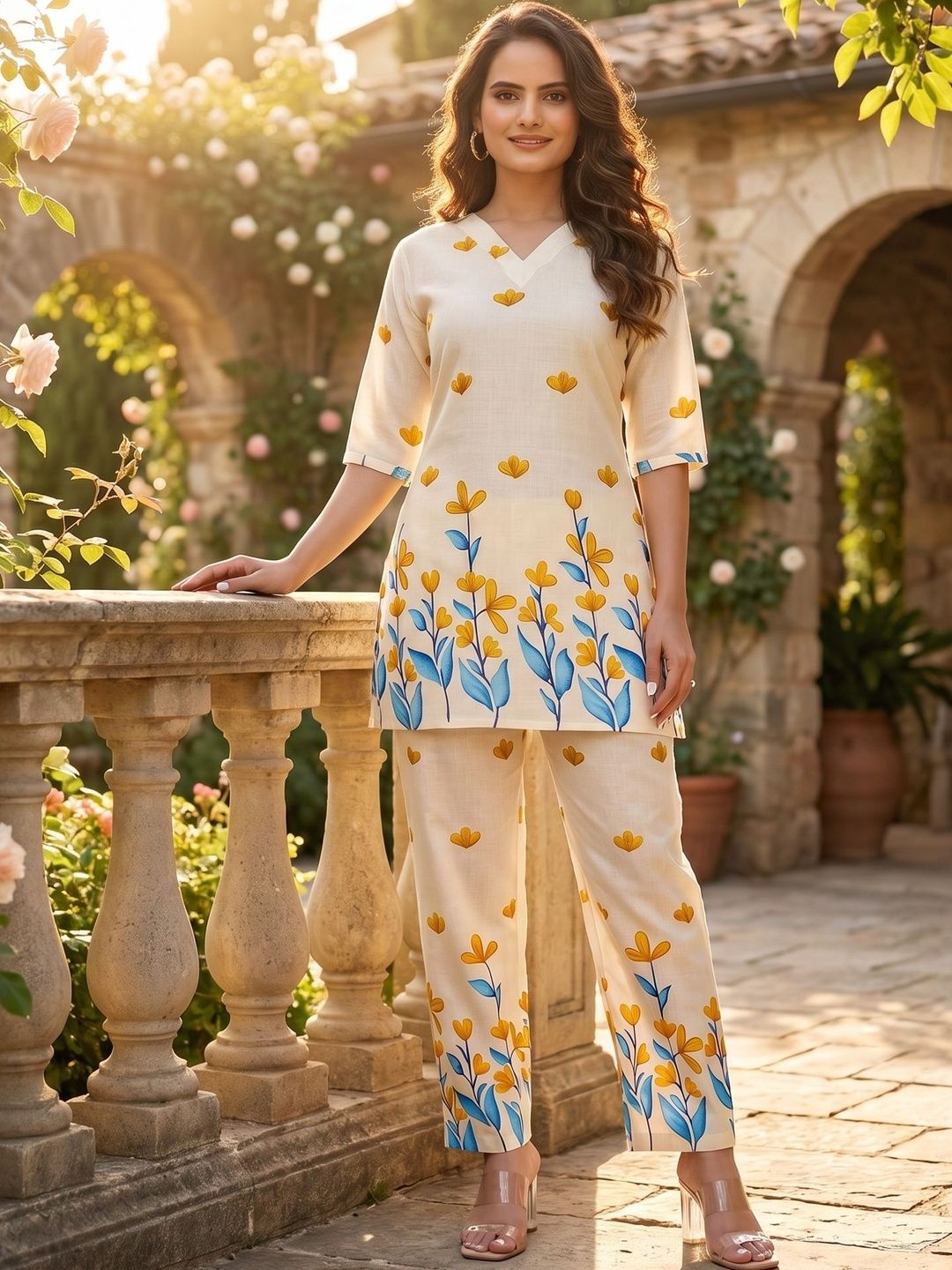 ZELZIS Floral Cotton Printed Top with Trousers