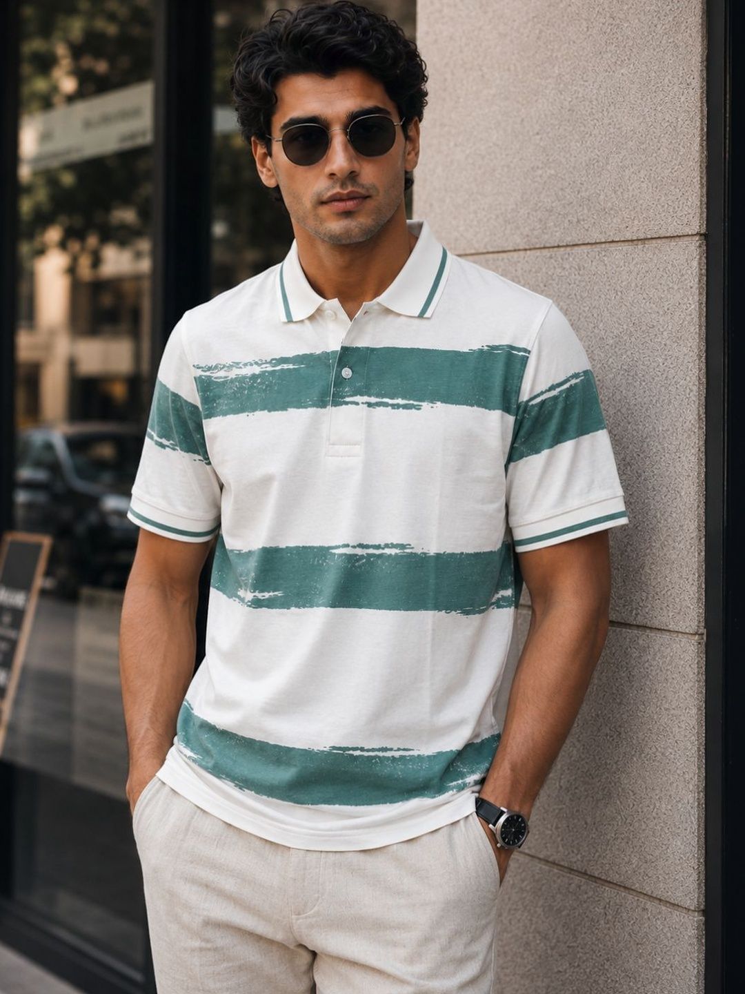 R.Code by The Roadster Life Co. Men Striped Polo Collar T-shirt