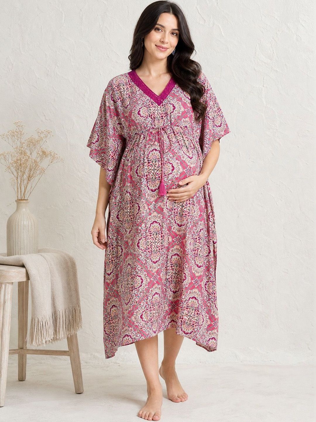 Secret Wish Secret Wish Ethnic Motifs Printed Maternity Kaftan Nightdress