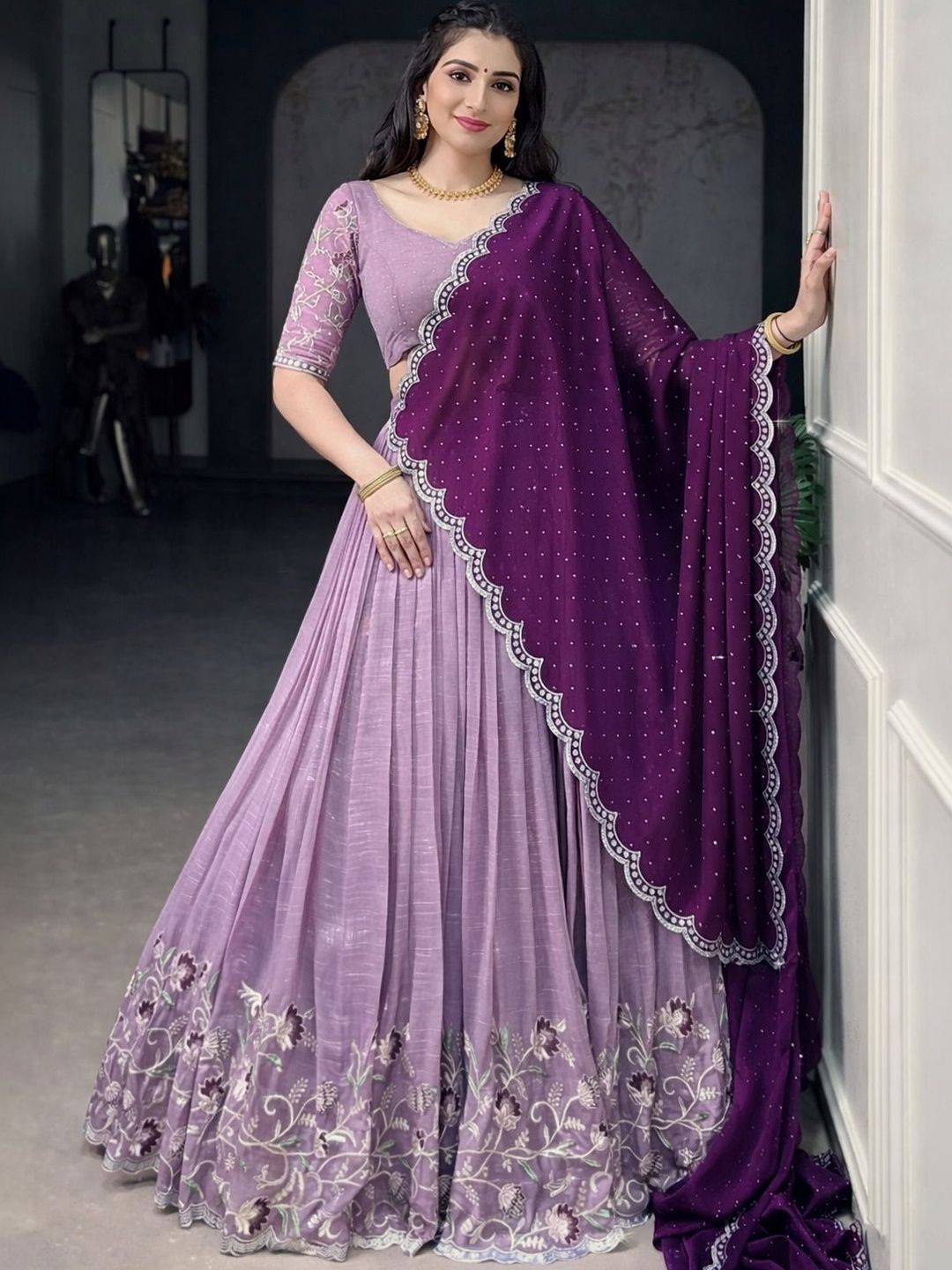 PILUDI HOUSE Embroidered Thread Work Semi-Stitched Lehenga & Unstitched Blouse With Dupatta