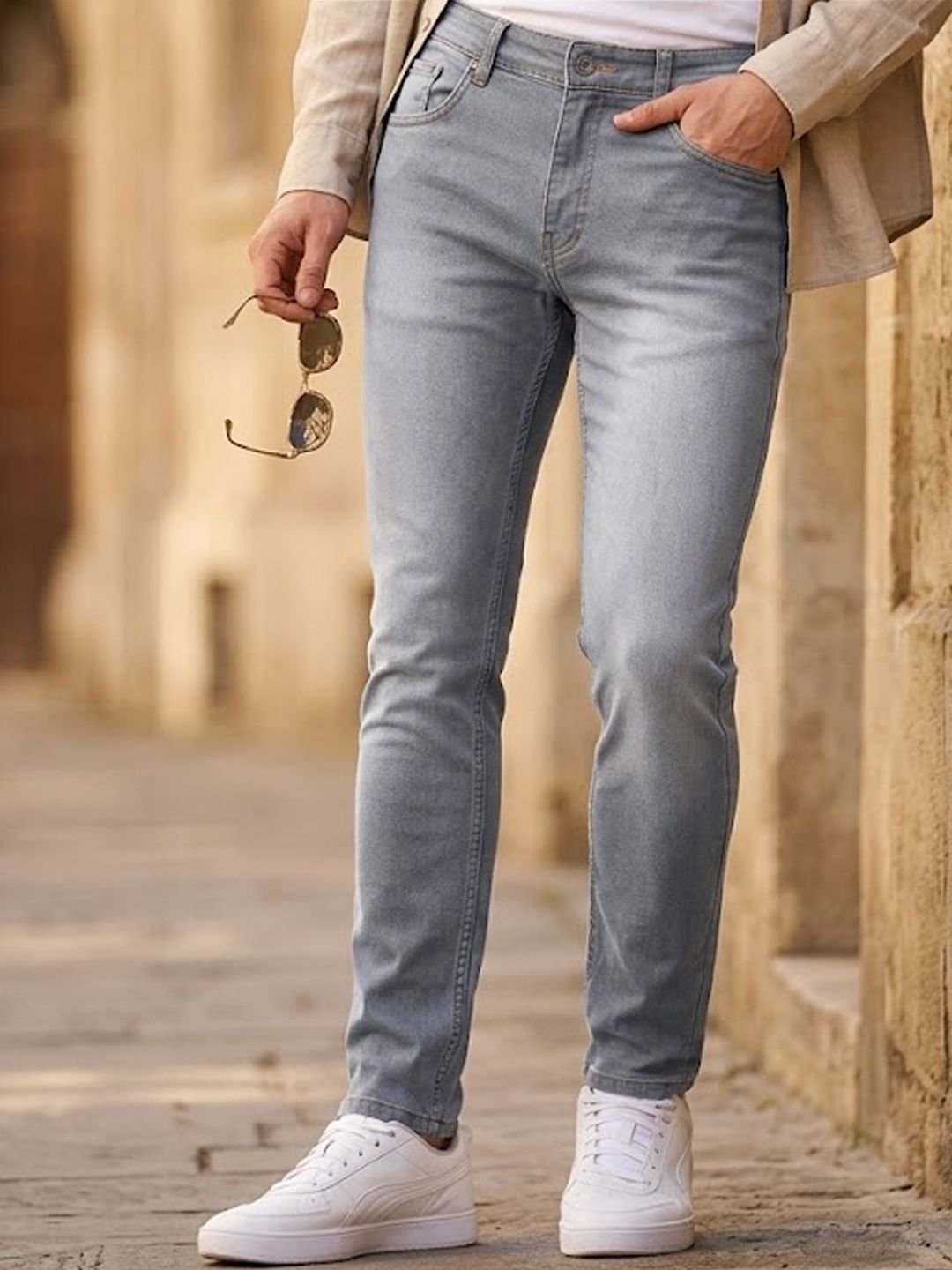 Urbano Fashion Men Grey Slim Fit Light Fade Stretchable Jeans