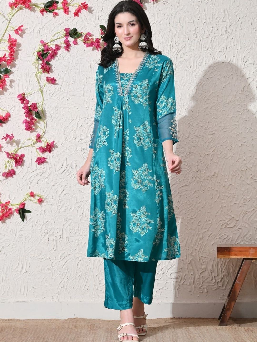 CRENOL THREADS Floral Printed V Neck Tunic With Trouser Co-Ords