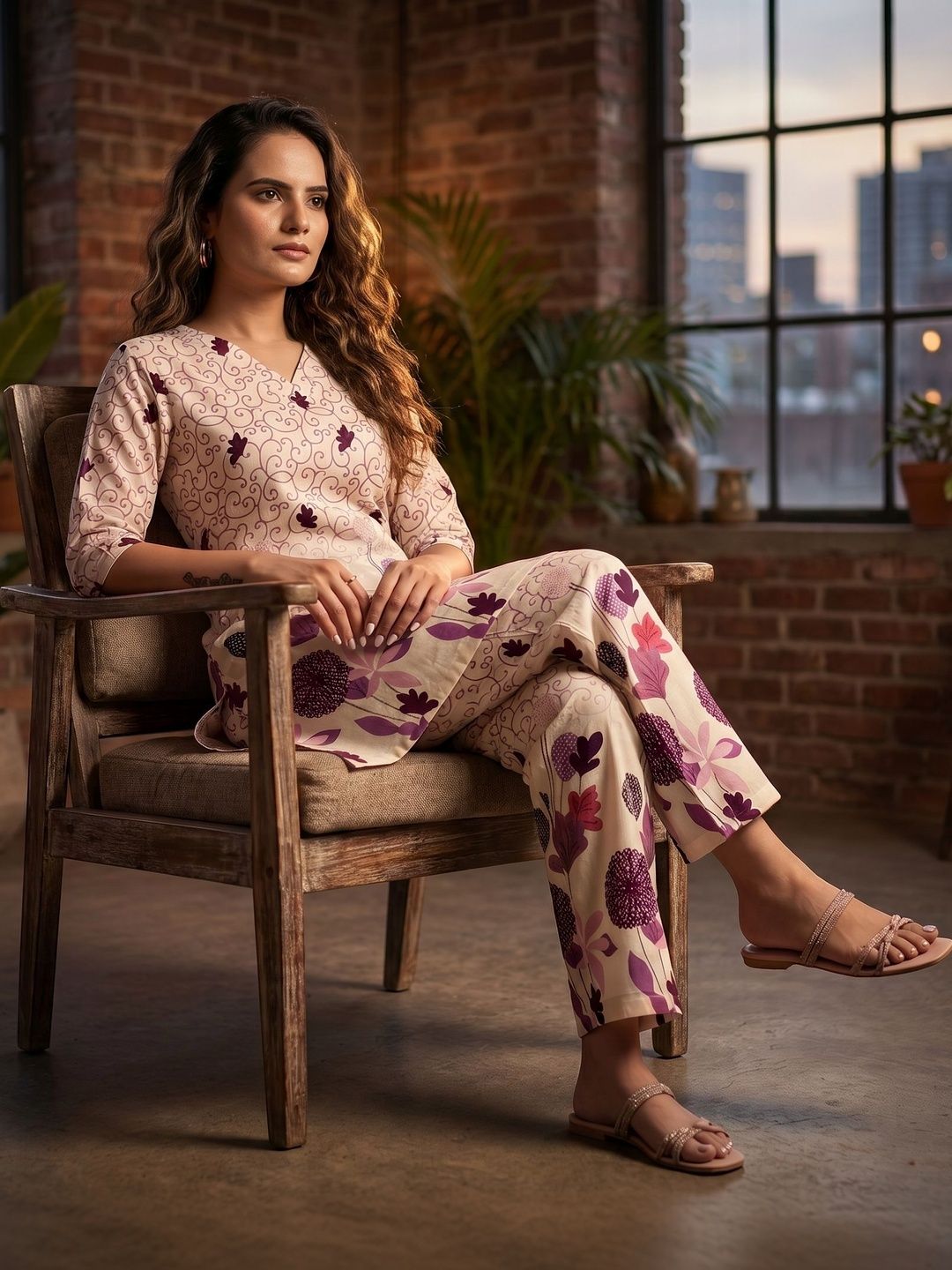ZELZIS Floral Cotton Printed Tunic with Trousers
