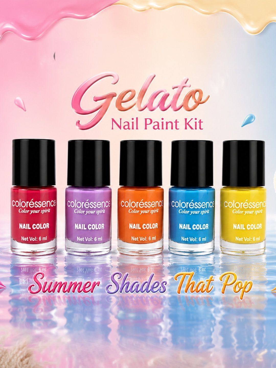 6Pcs Nail Paint Kit -6 ml Each Coloressence Set Of 6 Nail Paint Kit - 6 ml Each & Nail Paint Remover - 10 ml - Gelato
