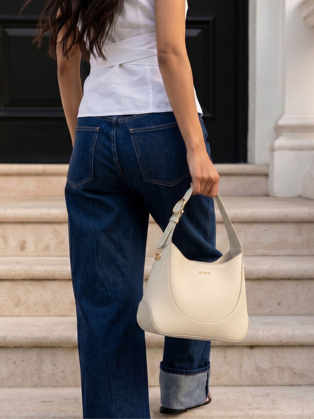 PU Textured Handheld Bag IRTH by House of Titan Denice Off White Handheld Bag