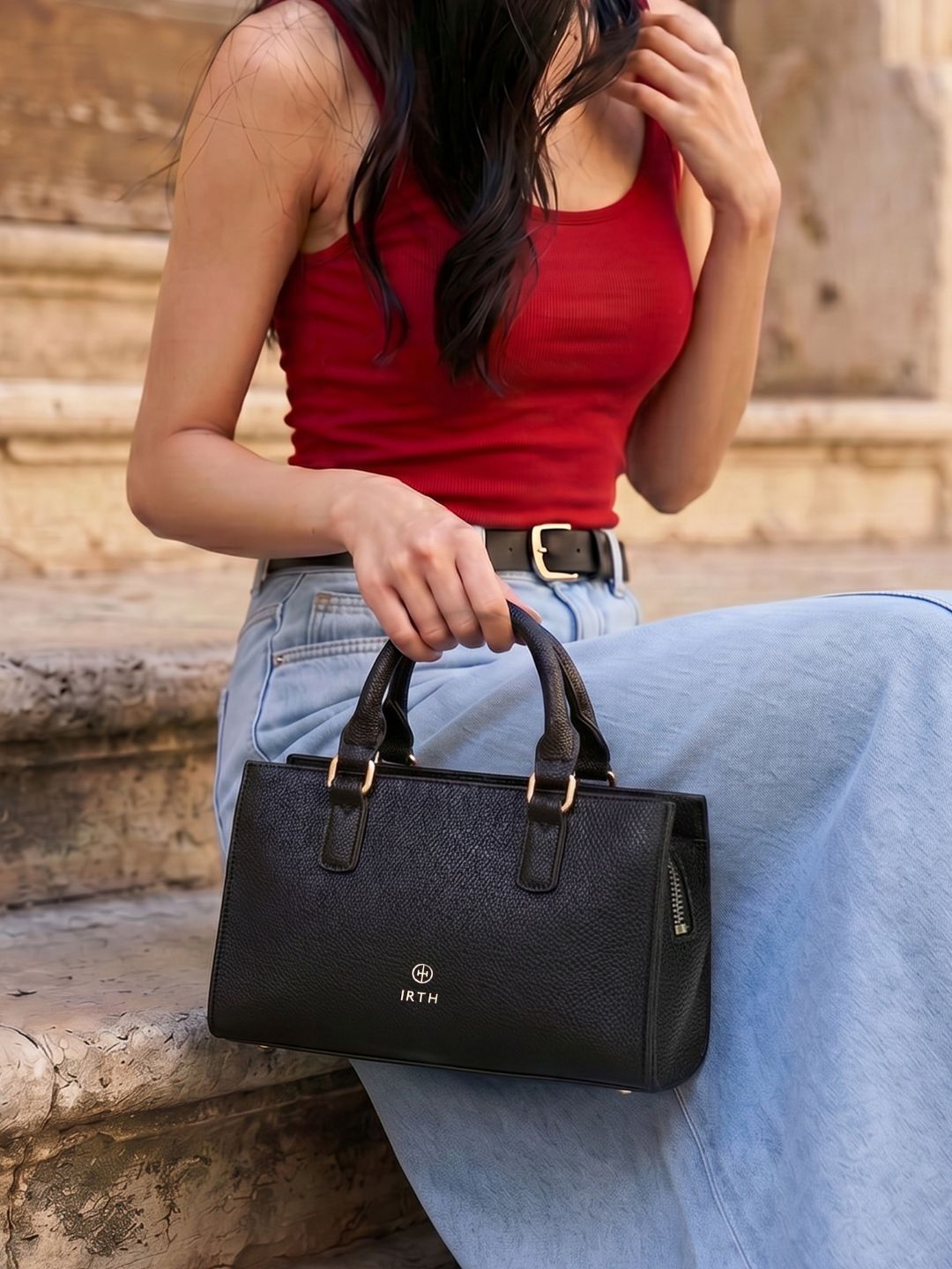 PU Structured Handheld Bag IRTH by House of Titan Jemma Black Textured Handheld Bag