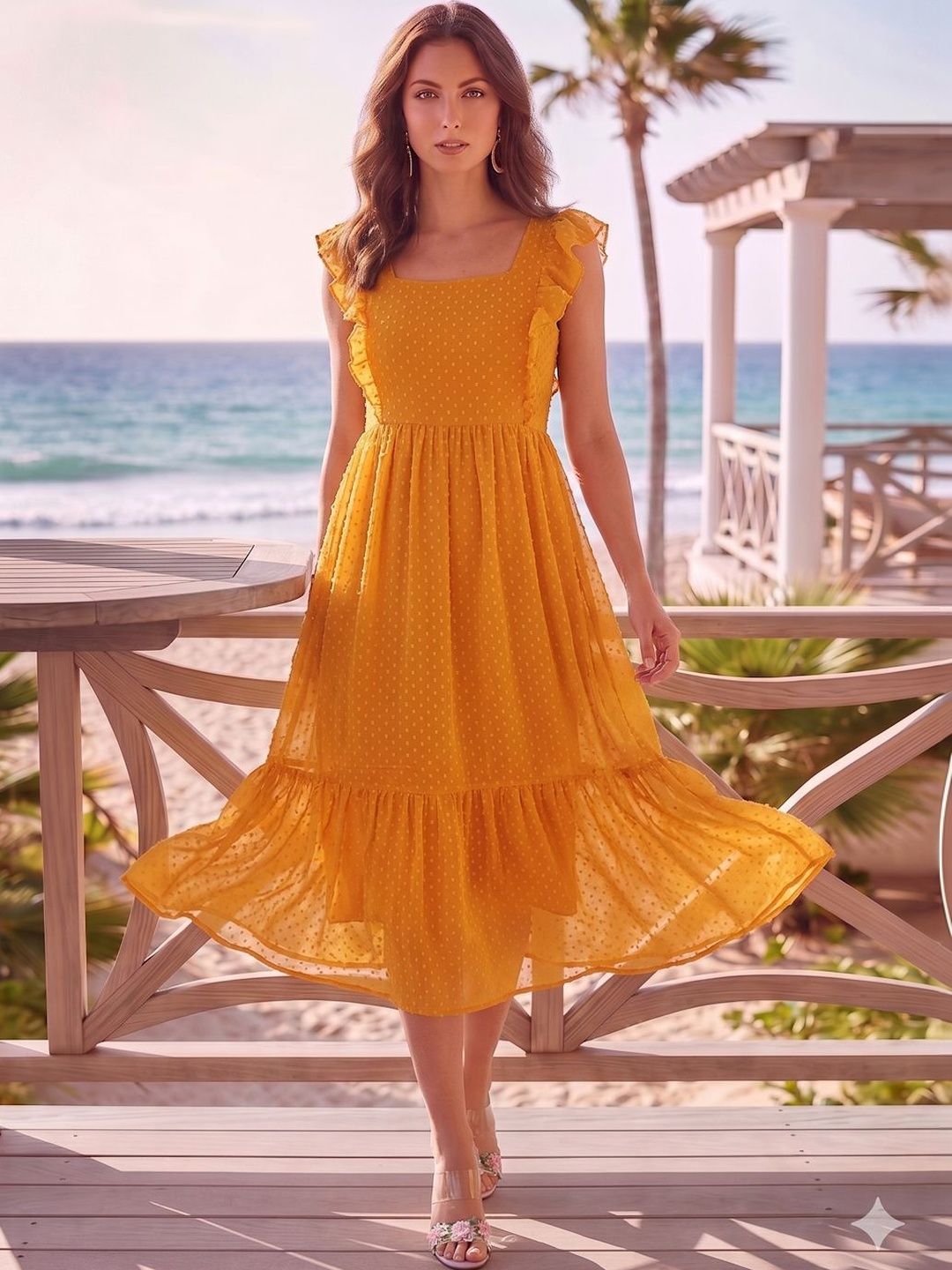 aayu Ruffles Detail Dobby Georgette A-Line Midi Dress