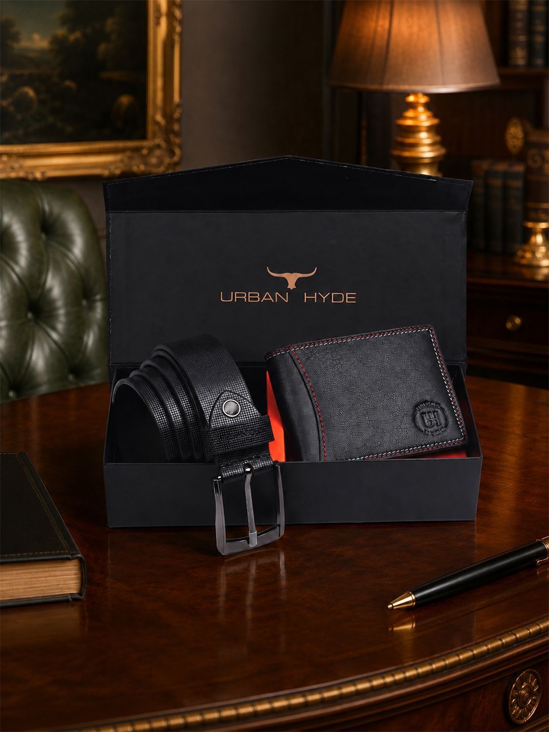 URBAN HYDE Men Classic Accessory Gift Set Featuring Leather Wallet and Belt Set