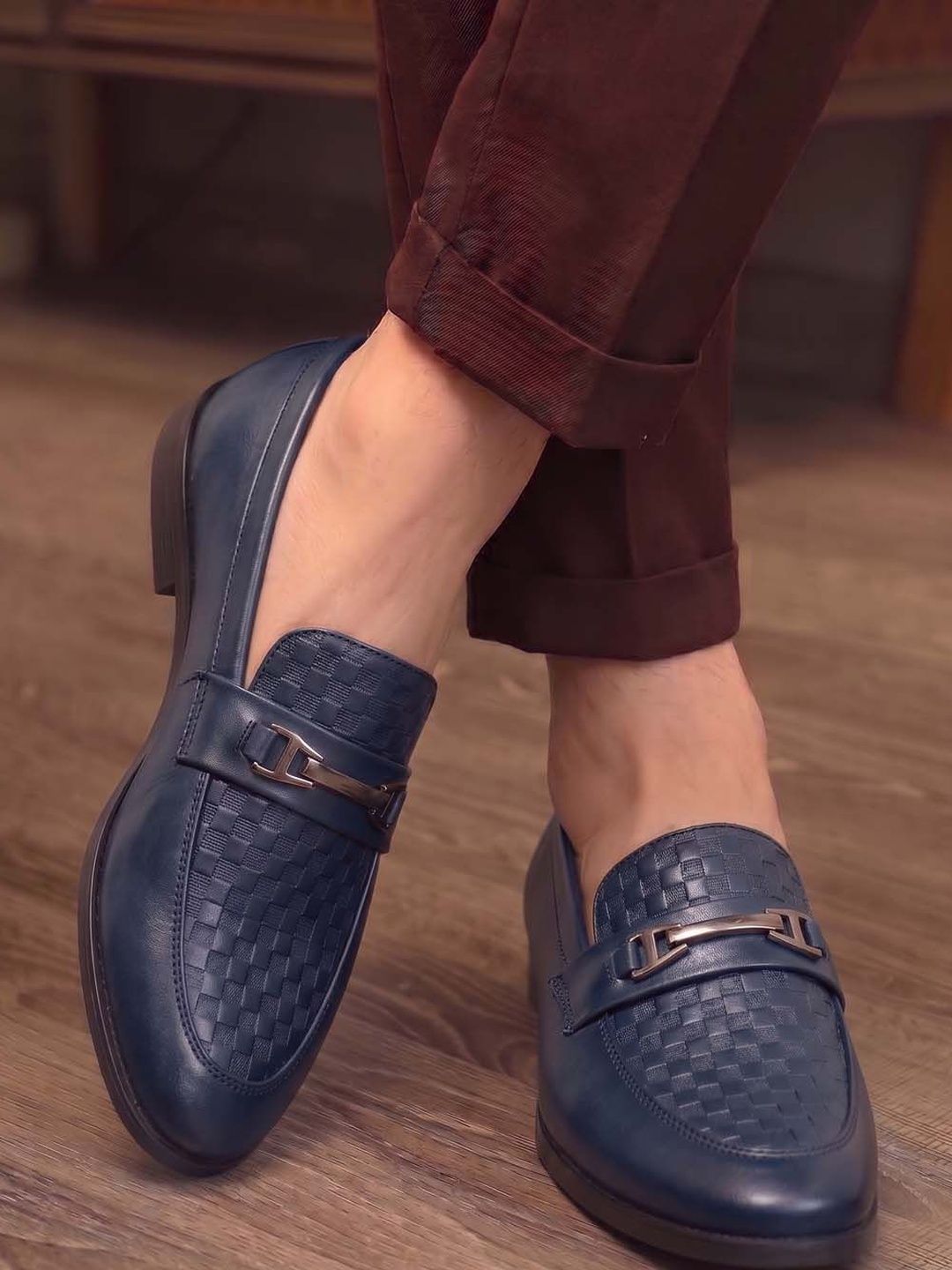 HERE&NOW Men Navy Blue Textured Formal Loafers
