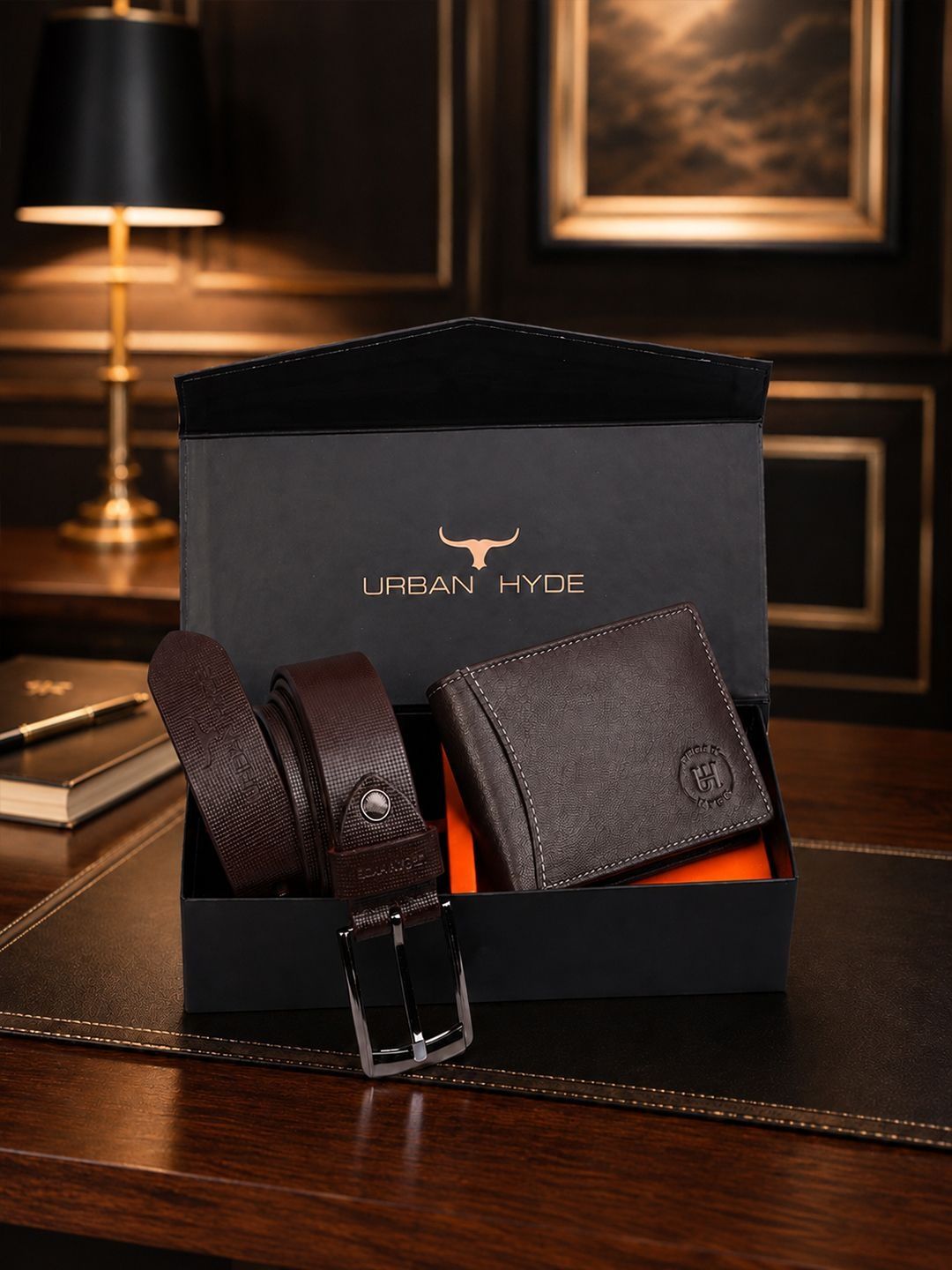 URBAN HYDE Men Formal Accessory Gift Set of Leather Wallet and Classic Belt Set