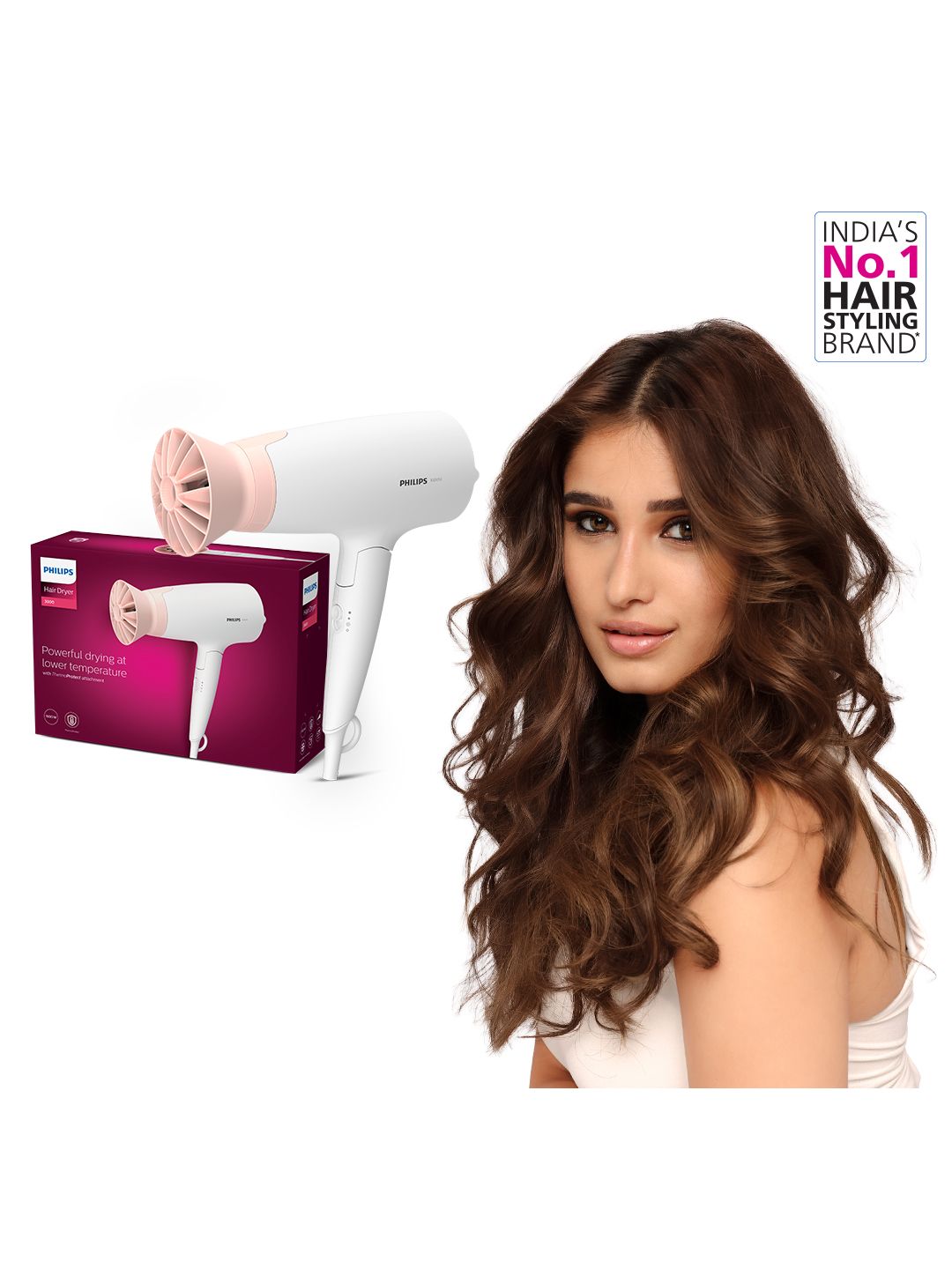 Philips 1600W Foldable Hair Dryer BHD308/30 Thermoprotect Tech 3 Heat Settings-  White