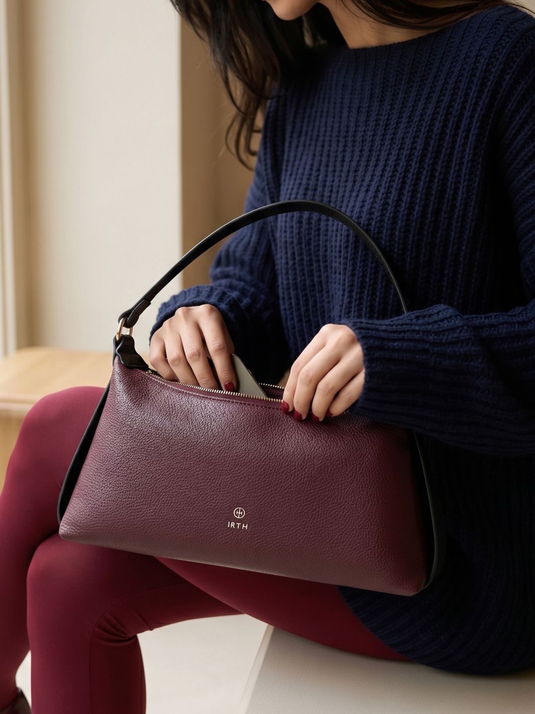Structured Shoulder Bag IRTH by House of Titan Cherry Textured Mavis Shoulder Bag