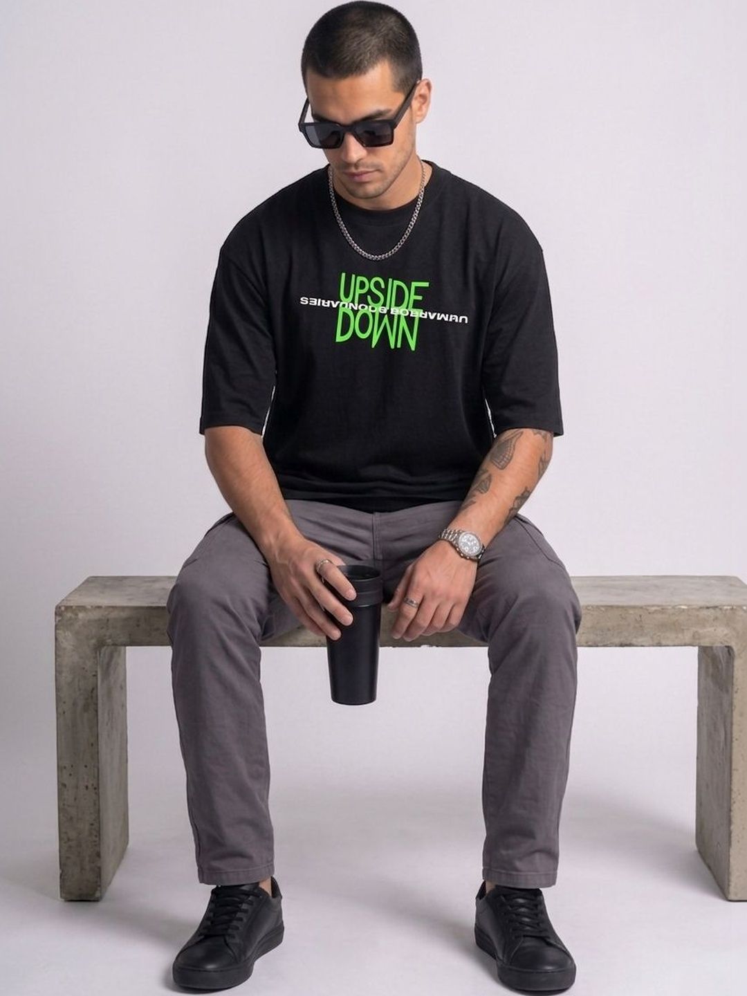 HERE&NOW Men Typography Printed Drop-Shoulder Sleeves T-shirt