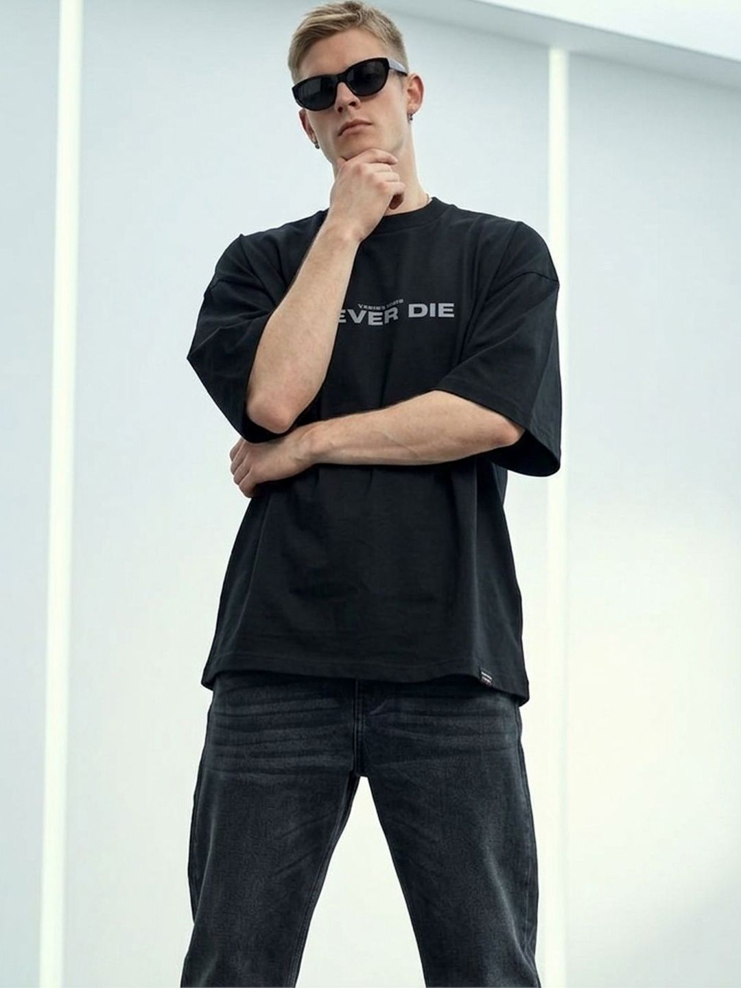 HERE&NOW Men Typography Printed Drop-Shoulder Sleeves T-shirt