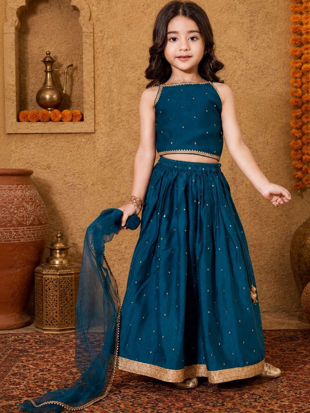 VIKRI By Khushboo Parekh Girls Embellished Ready to Wear Lehenga & Blouse With Dupatta
