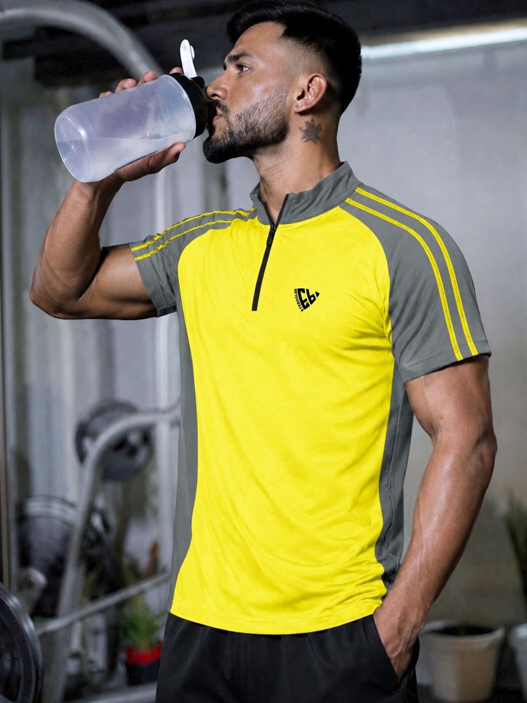 Eyebogler Men Brand Logo Colourblocked High Neck T-shirt