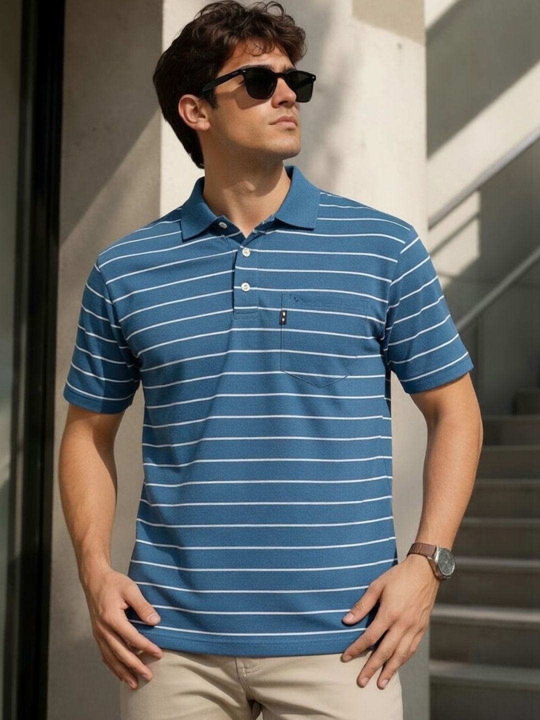Moda Rapido Men Striped Polo Collar Pockets T-shirt