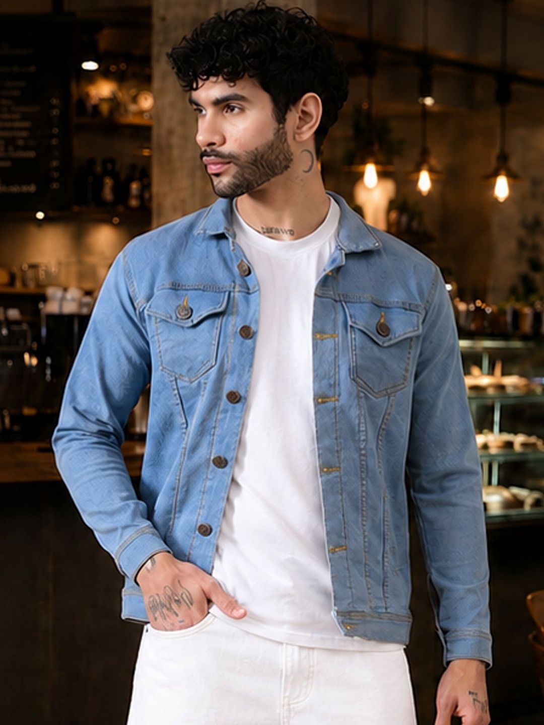 White leapard Men Outdoor Denim Jacket