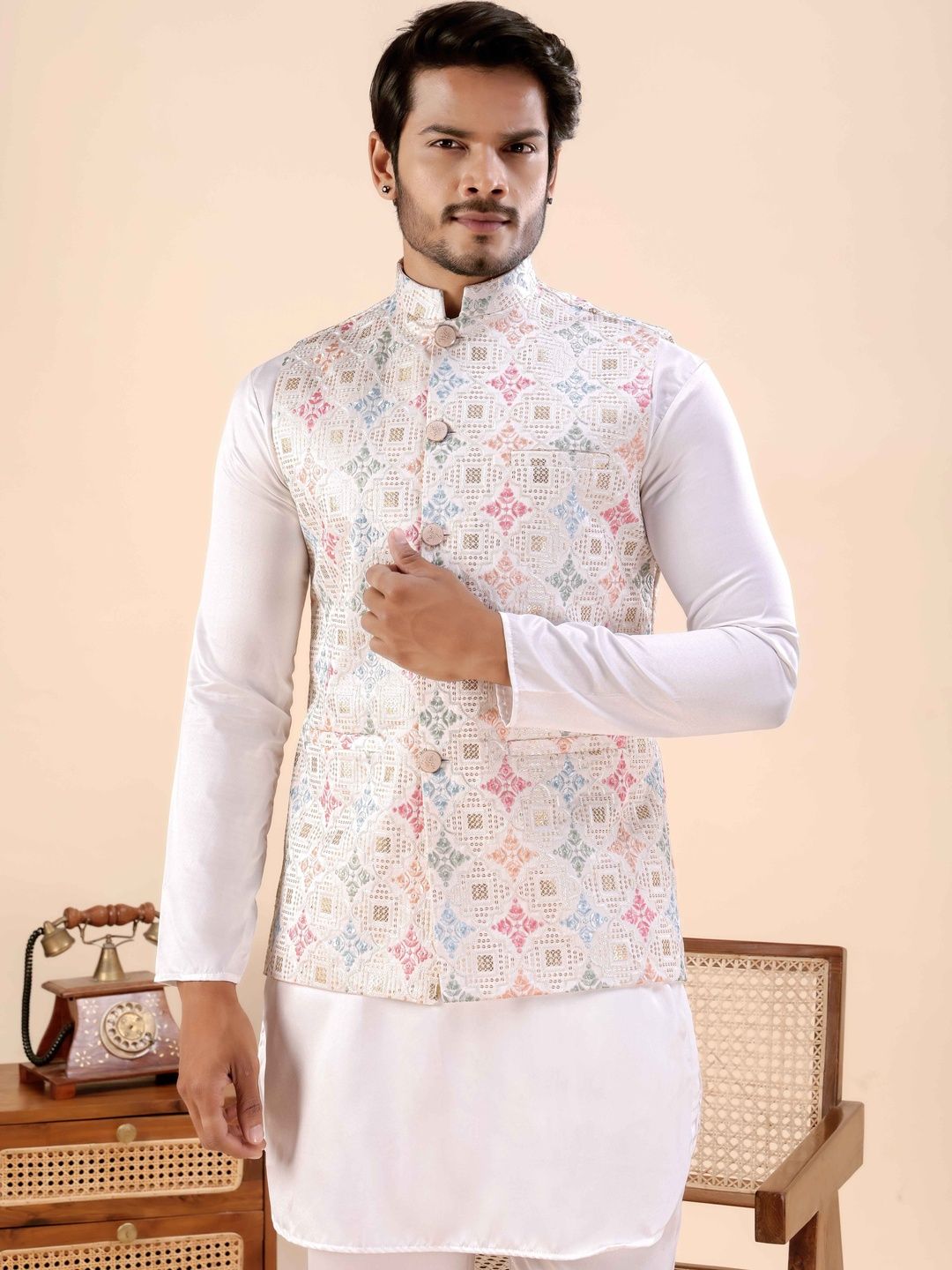 MODERN MUGHALS Woven Design Satin Nehru Jackets