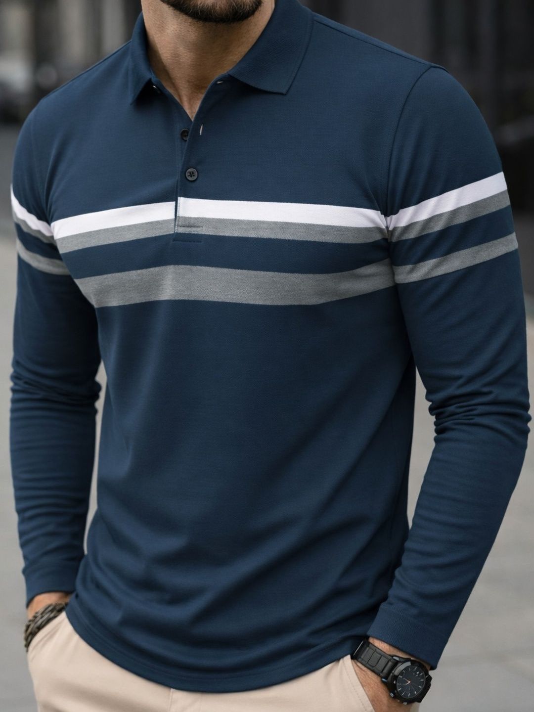 PATOIS Men Striped Polo Collar T-shirt