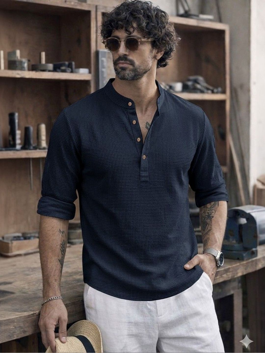 Eyebogler Men Mandarin Collar Roll-Up Sleeves T-shirt