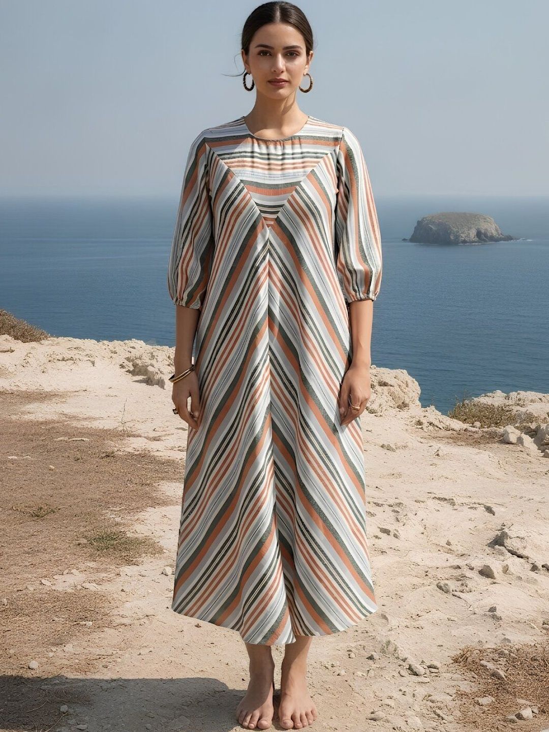 Striped A-Line Midi Dress Dora Dori Striped A-Line Midi Dress