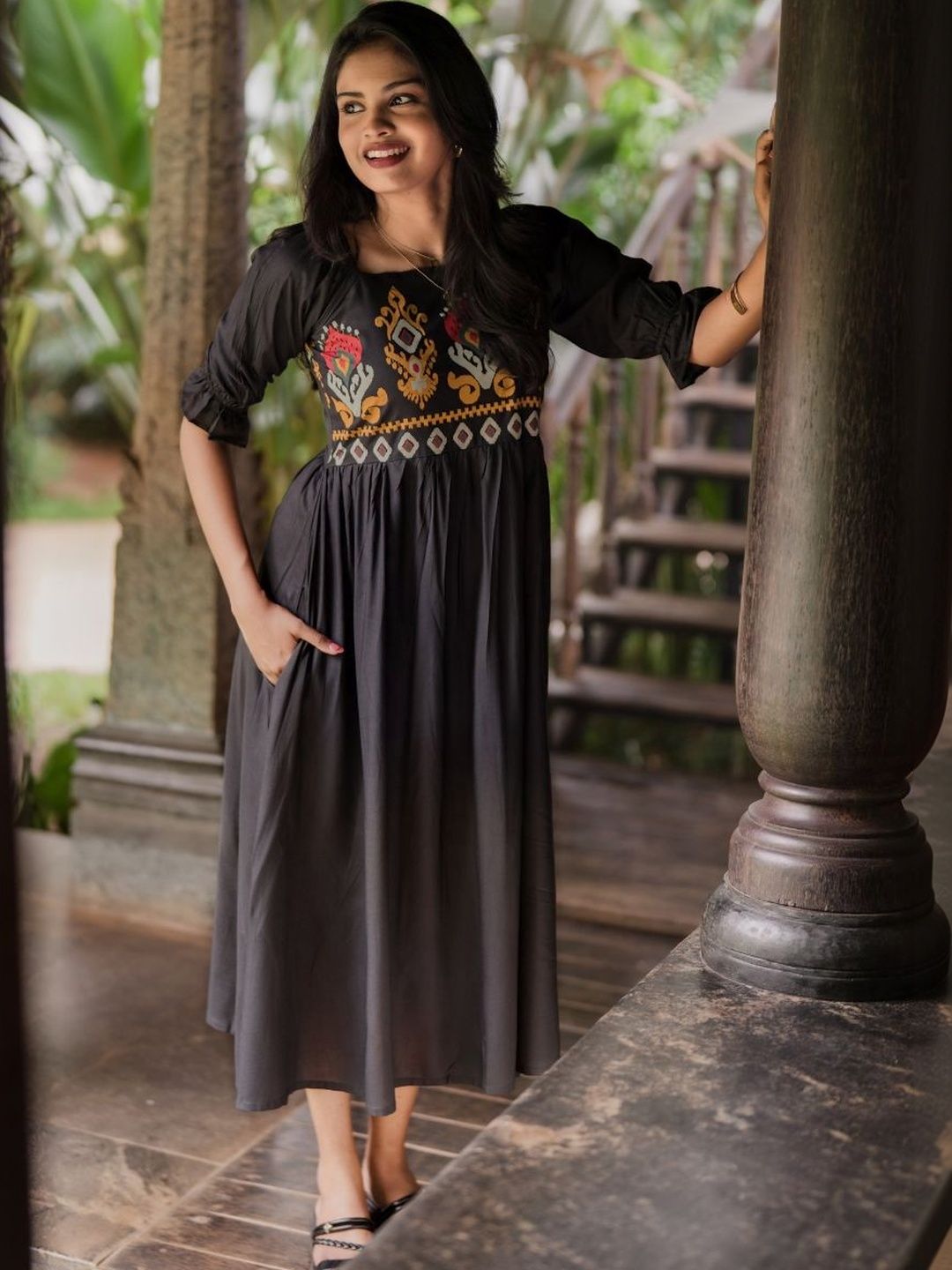 strapless bohemian dress Florart Sand Maxi by Farm Rio Bust 26 (Stretches up live_202309 Size:L 79-88cm Sleeveless Black Jean Dress