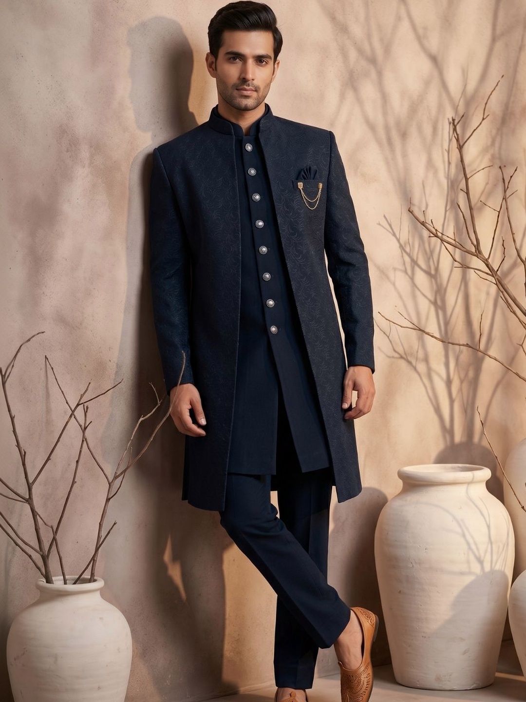 TRIANGLE Self-Design Mandarin Collar Sherwani Set