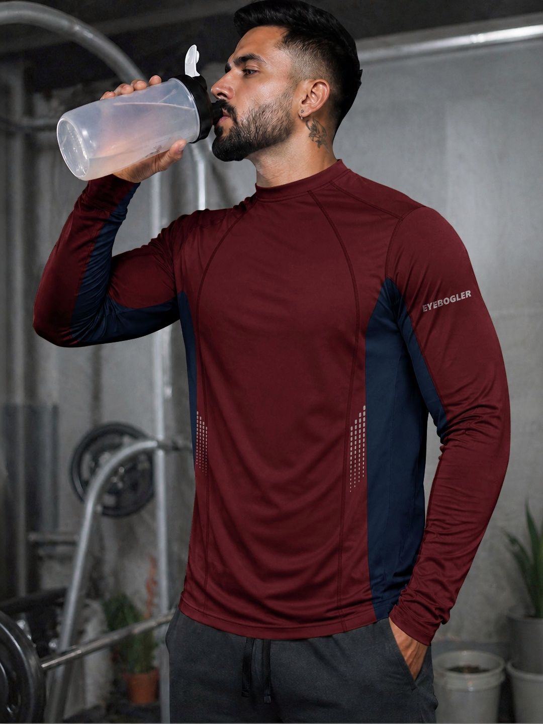 Eyebogler Men Brand Logo Colourblocked High Neck Pockets T-shirt