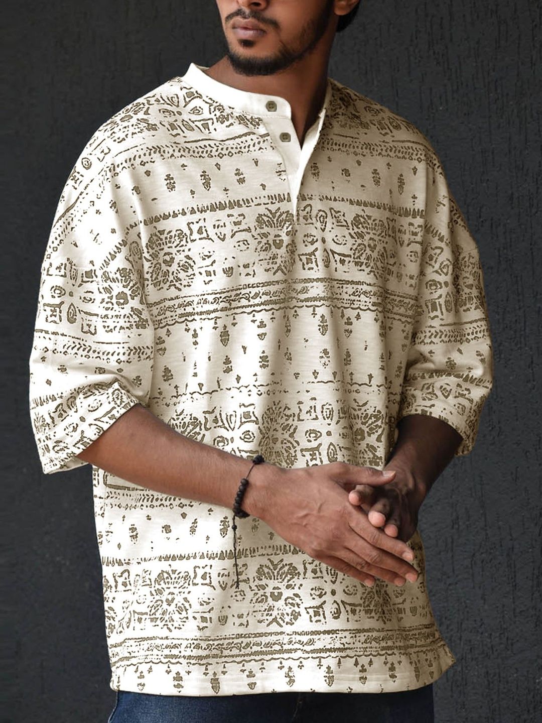 Eyebogler Men Printed Mandarin Collar Drop-Shoulder Sleeves T-shirt