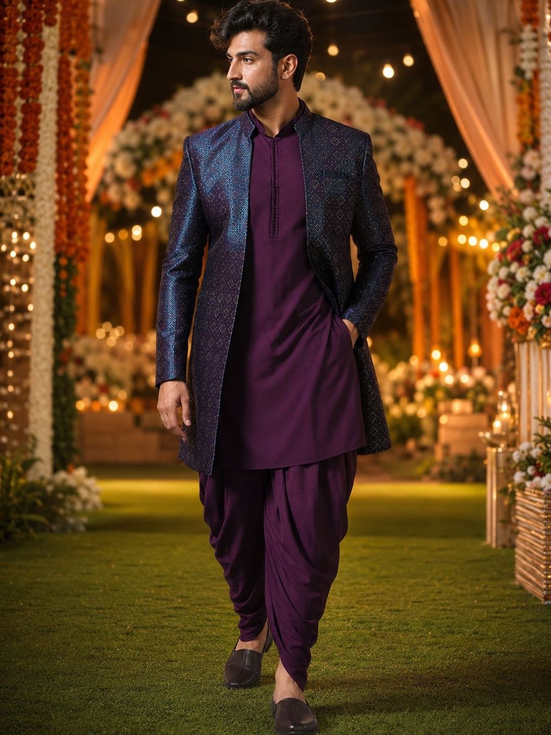 SOURAGYA Self Design Mandarin Collar Sherwani