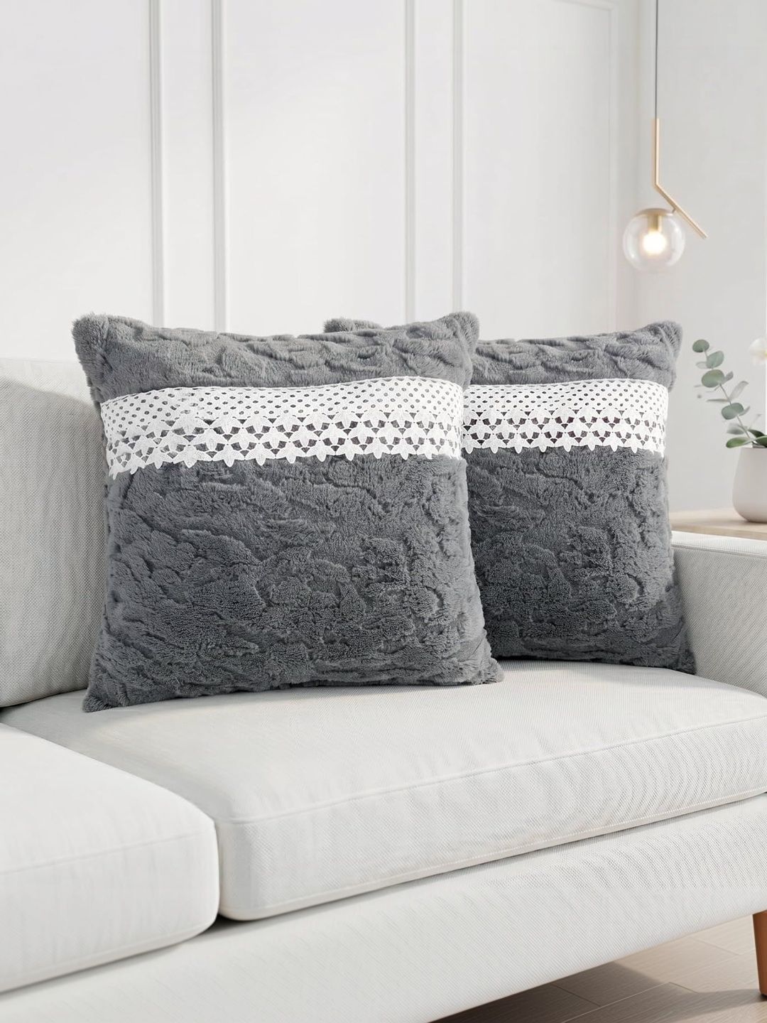 RD TREND RD TREND Grey Set of 2 Square Fur Cushion Covers with Decorative Lace