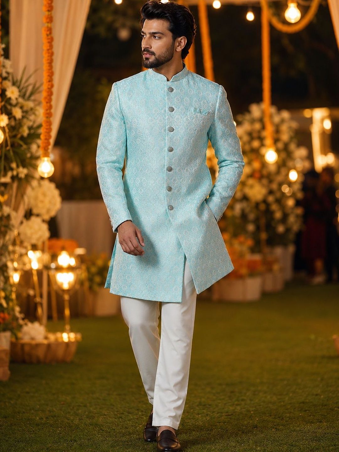 SOURAGYA Men Self Design Mandarin Collar Sherwani