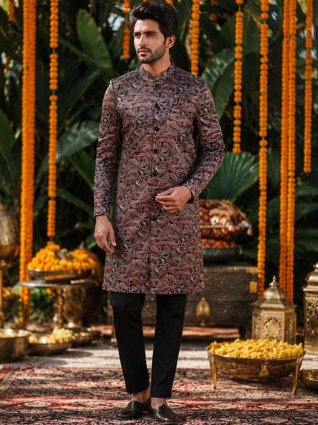 SOURAGYA Printed Mandarin Collar Sherwani