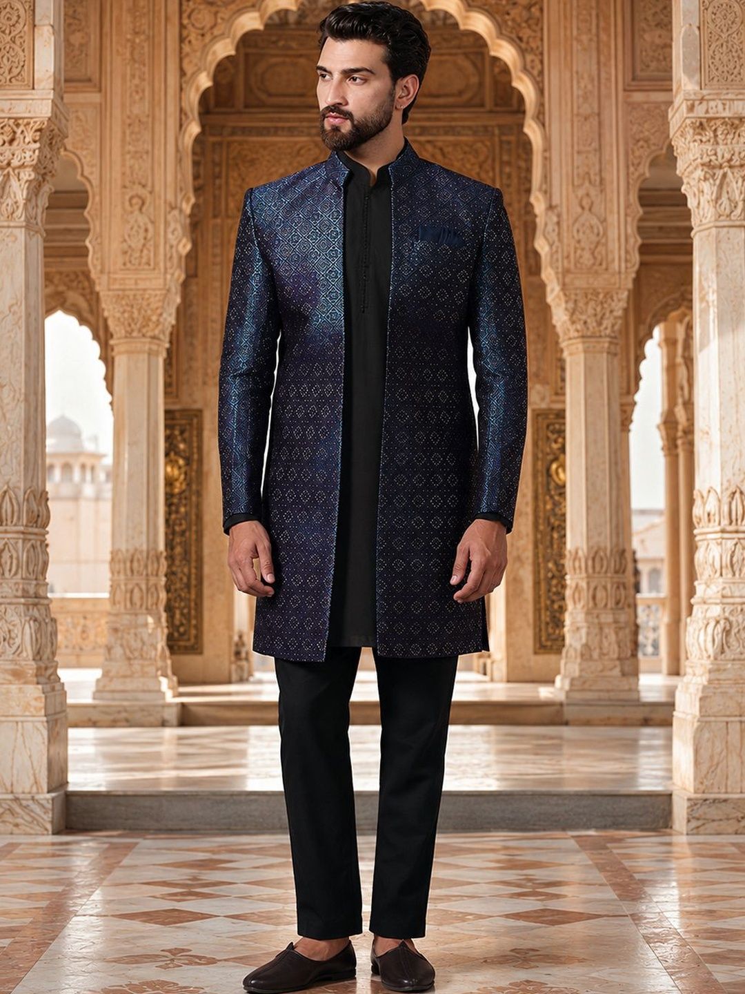 SOURAGYA Self Design Mandarin Collar Sherwani