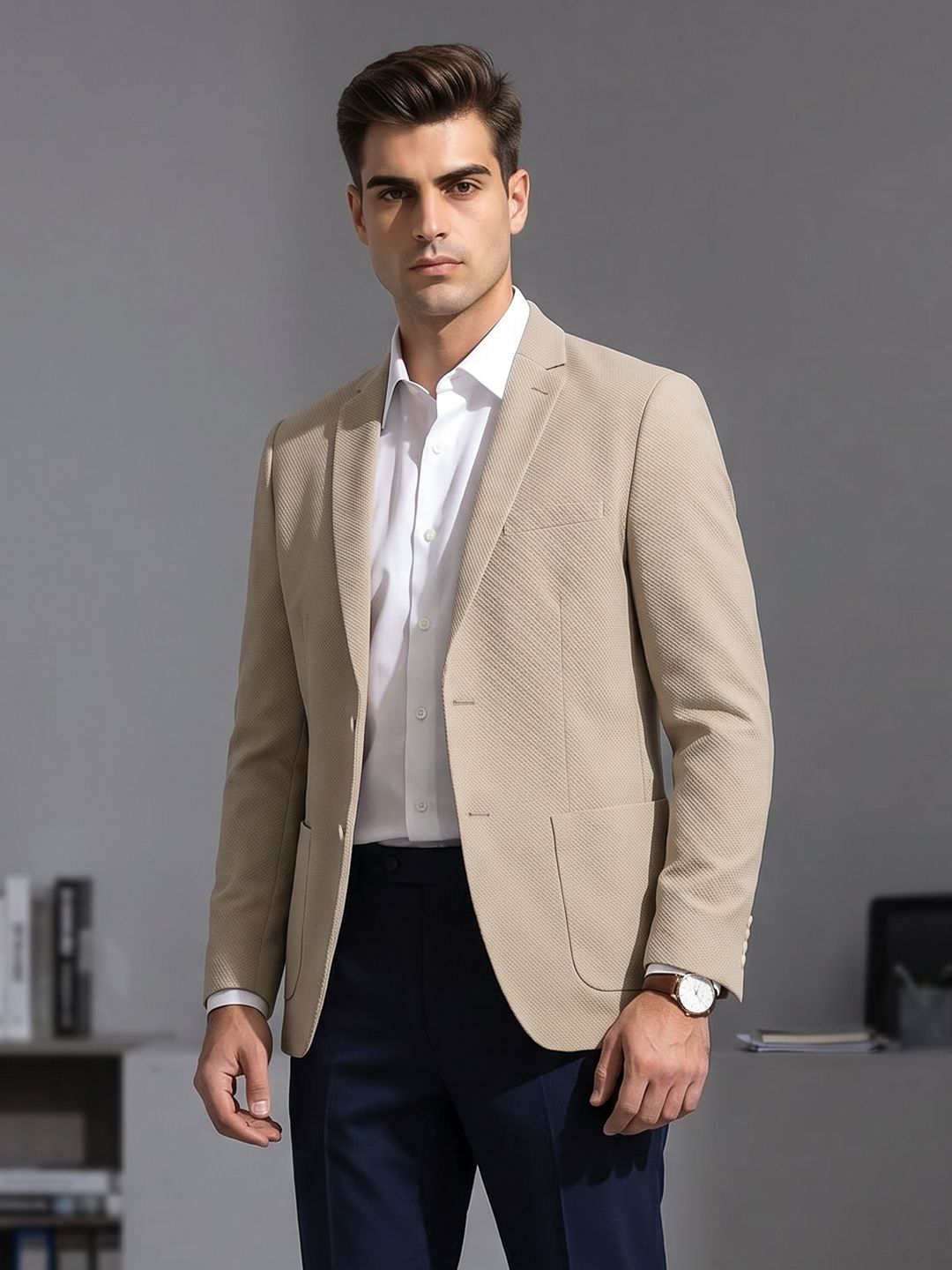 INVICTUS Slim Fit Textured Notched Lapel Single Breasted Formal Blazer