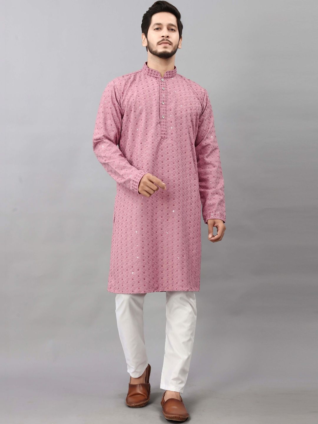 ALMORA Men Ethnic Motifs Embellished Sequinned Cotton Silk Kurta
