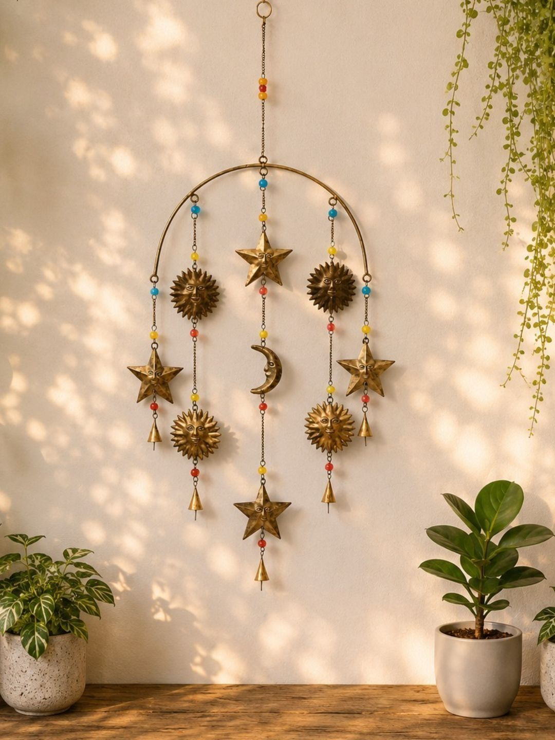DULI Gold-Toned Sun Moon & Stars Hanging Metal Wall Windchime
