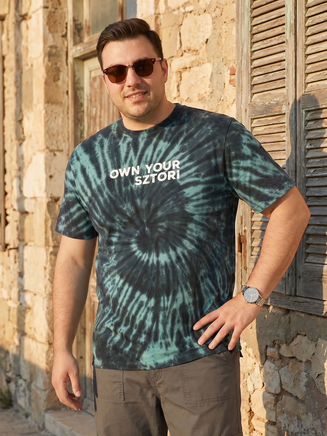 Sztori Plus Size Dyed Typography Printed Pure Cotton T-Shirt