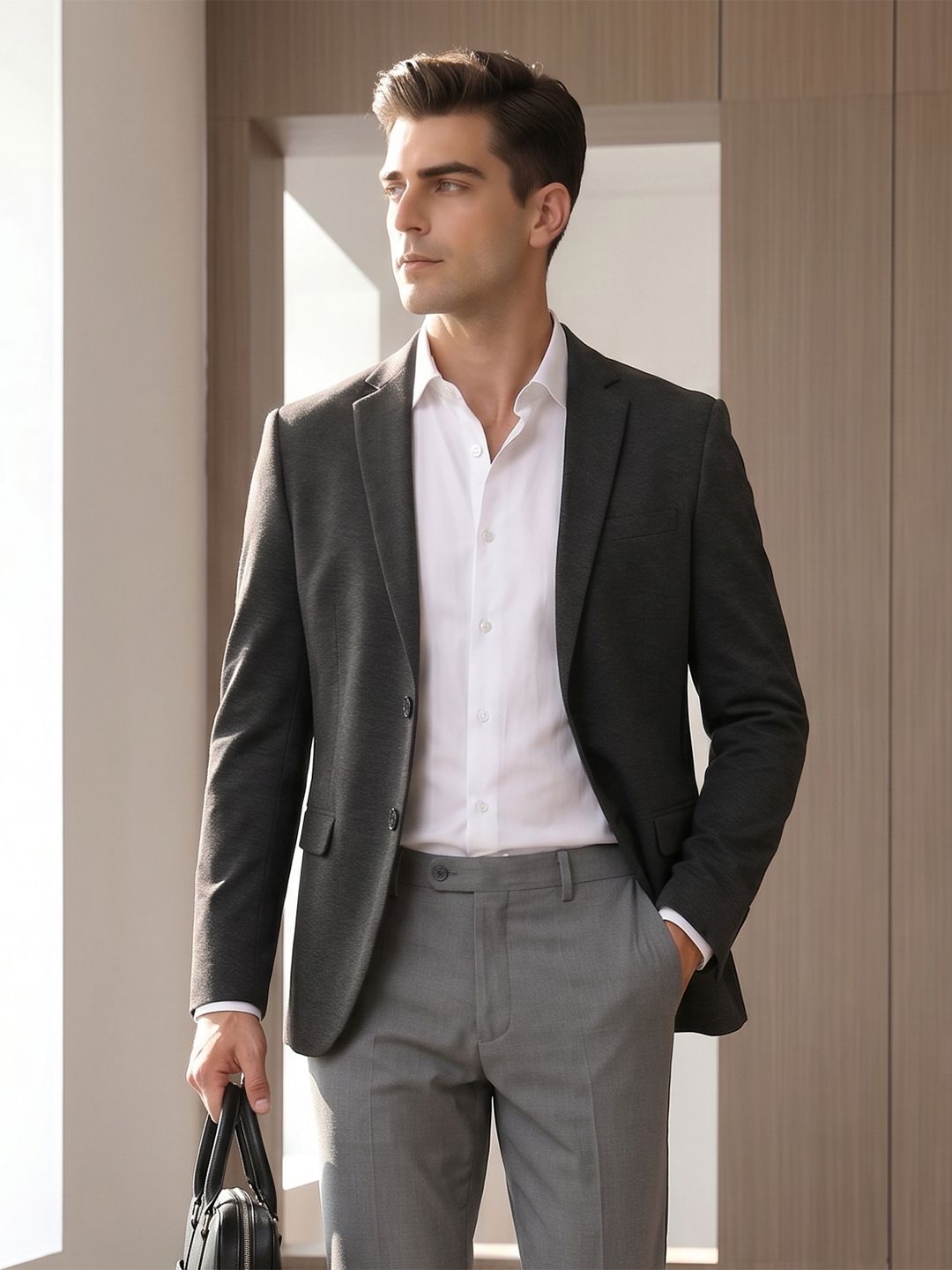 INVICTUS Slim Fit Textured Notched Lapel Single Breasted Formal Blazer