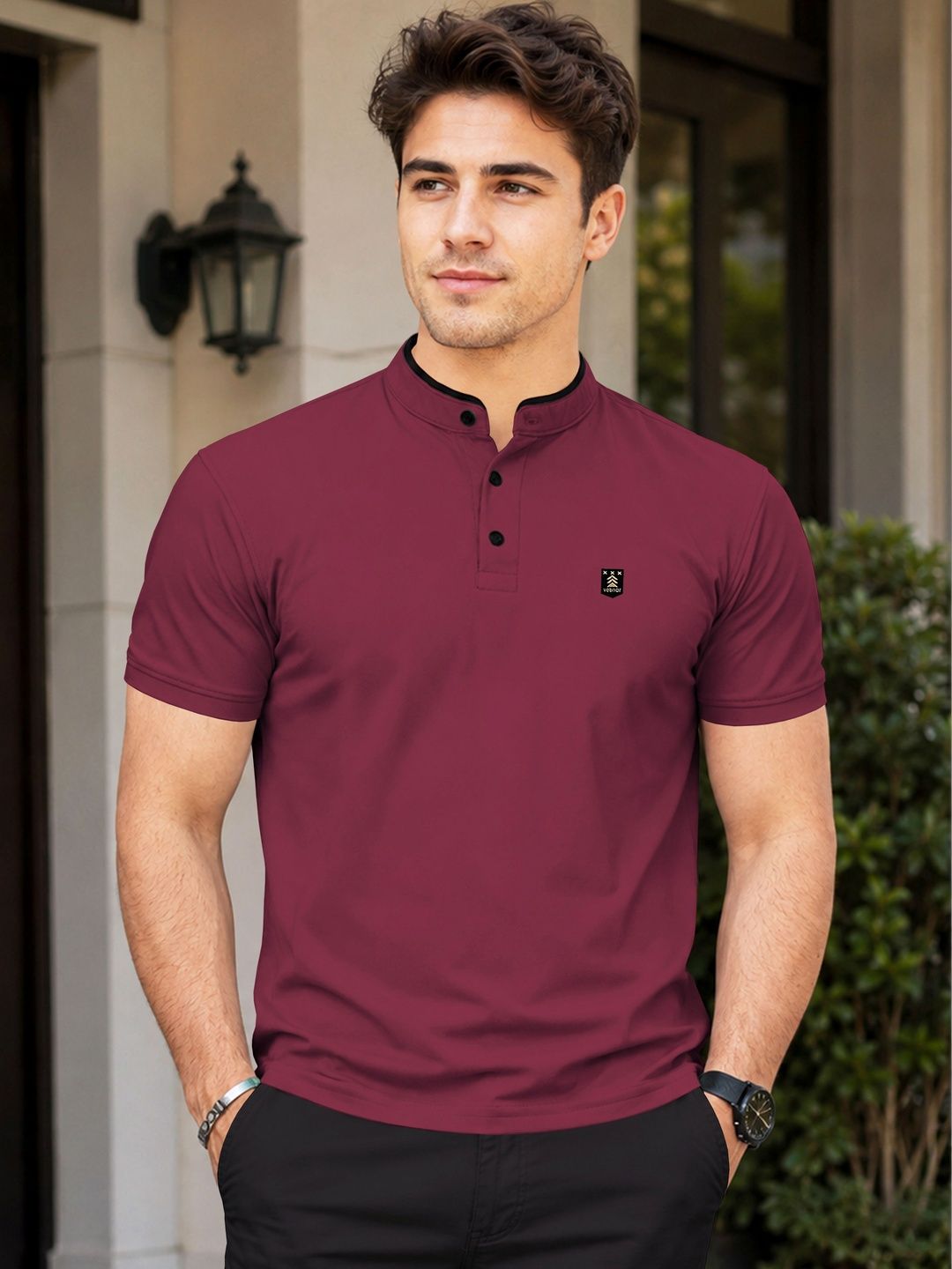 VeBNoR Men Mandarin Collar T-shirt